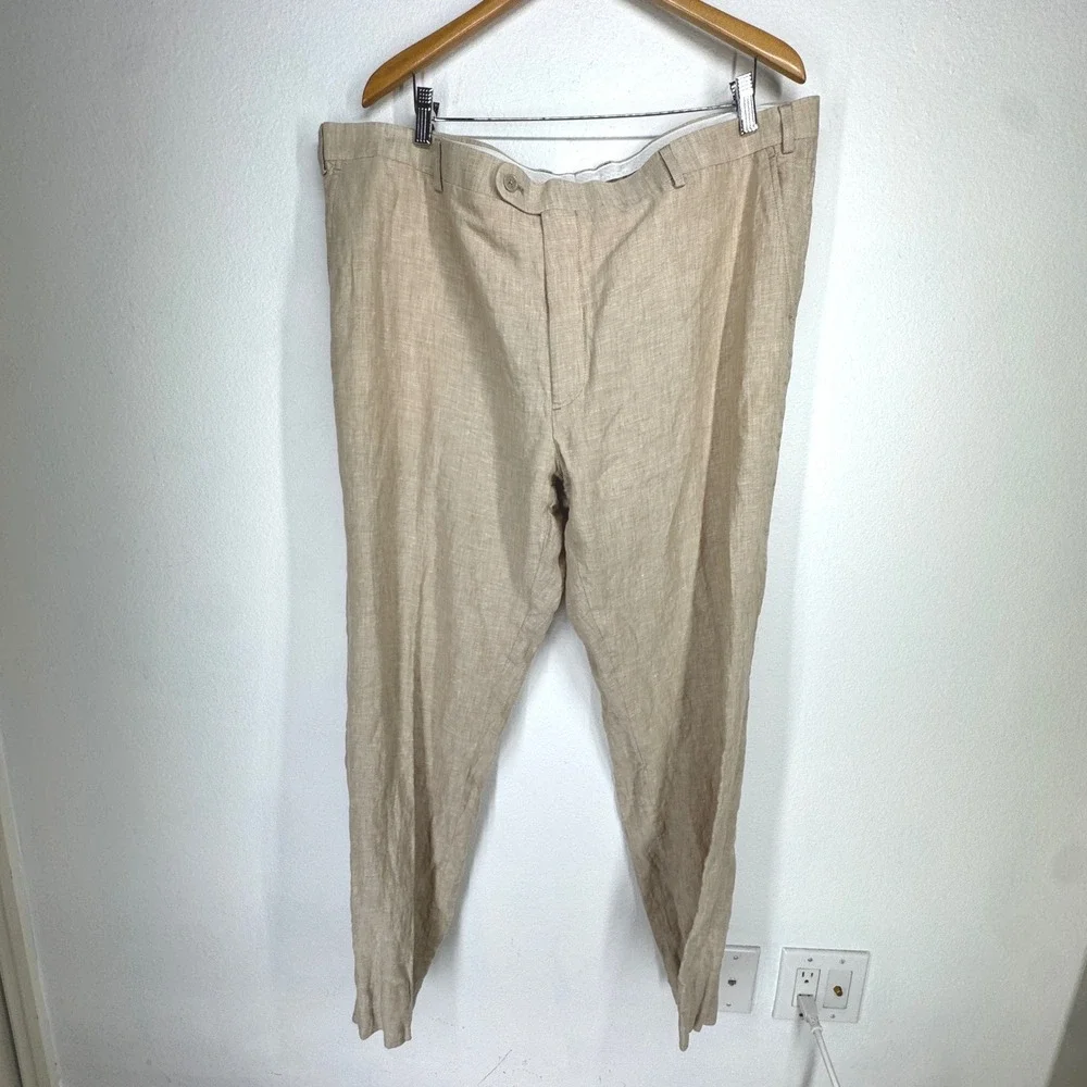 Joseph Abboud JOE Mens Tan 100% Linen Flat Front Dress Pants Trousers Size 46W